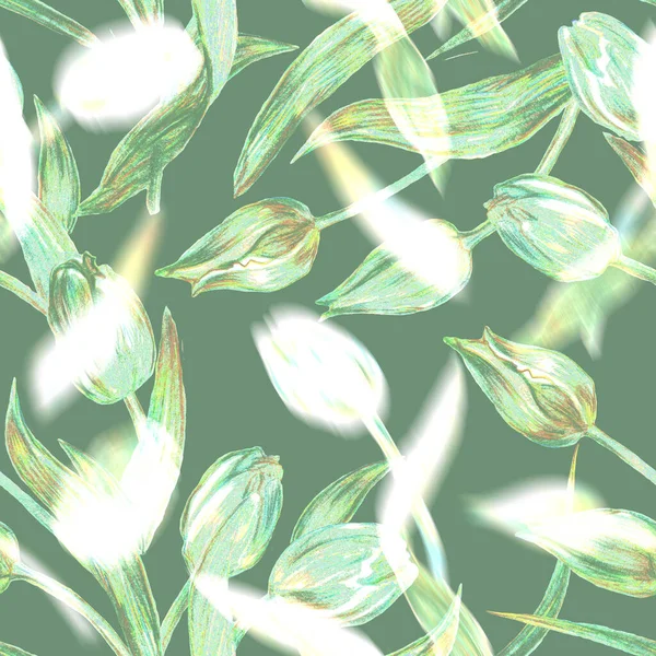 Frühling florale nahtlose Muster mit Silhouetten von Tulpen auf grün. — Stockfoto