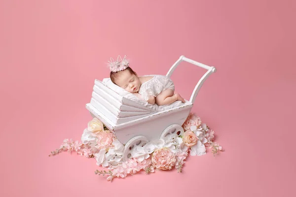 Title Newborn Girl Pink Background Photoshoot Newborn Portrait Beautiful Sleeping Foto Stock