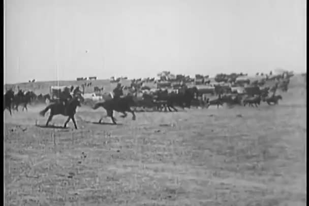 Carovana di carri coperti che corre attraverso la prateria — Video Stock