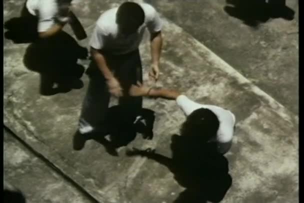 Вид с воздуха на группу мужчин, практикующих карате — стоковое видео