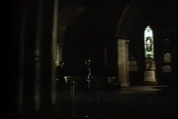 Men walking down aisle in empty church — Stock Video