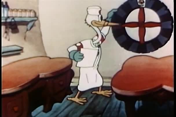 Cartoon of stork spinning wheel of fortune and landing on ''twins'' — Stock video