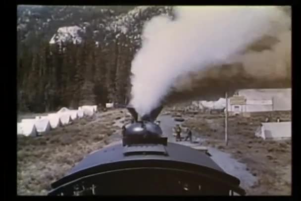 Монтаж - локомотив, путешествующий по сельской местности — стоковое видео