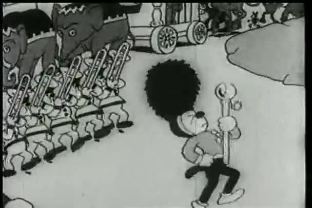 Cartoon of marching band lead by baton twirler — Stock Video