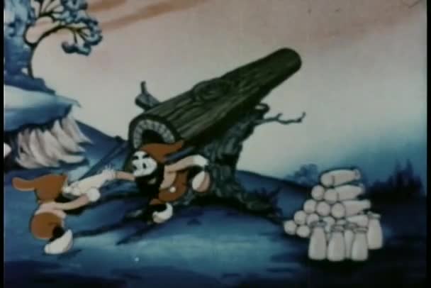 Gnomes shooting milk bottles out of cannon — Stock Video