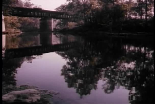 Wide shot of trees and covered bridge reflecting in river — Stock Video