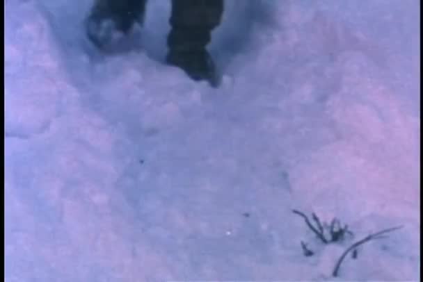 Un homme traînant une bûche dans la neige — Video