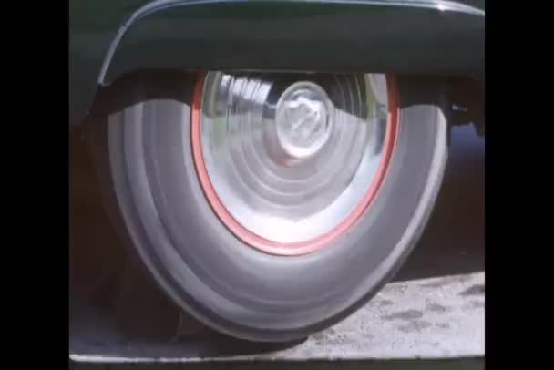 Close-up of a rotating wheel of 1950s car — Stock Video