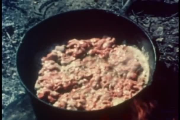 Gros plan de la cuisson de la viande dans la casserole sur le feu de camp — Video