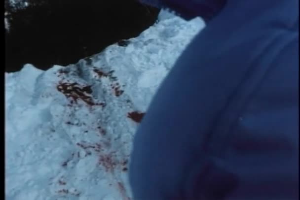 Point of view shot of bloodstains on a snowy cliff — Stock Video