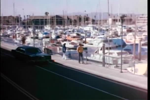 Voiture conduite par des bateaux amarrés dans le port — Video