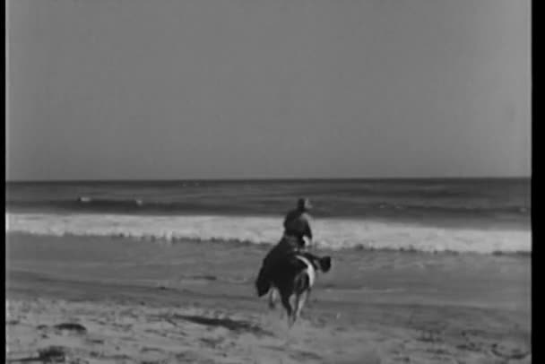 Twee mannen vallen af galopperen paarden op het strand — Stockvideo