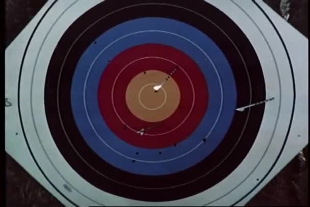 Two boys shooting arrows at a colorful target — Stock Video