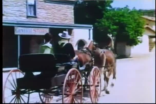 Vista traseira do carro de cavalo que passa pela loja geral — Vídeo de Stock