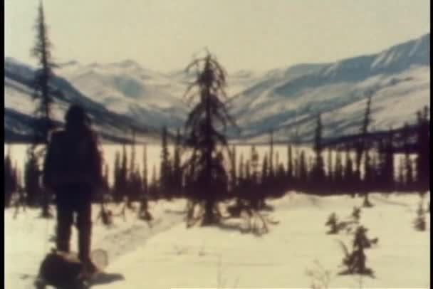 Vista trasera del hombre arrastrando trineo a través de la nieve — Vídeo de stock