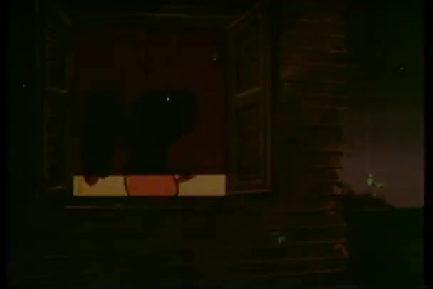 Animated silhouette of pig getting dressed behind window shade — Stock Video