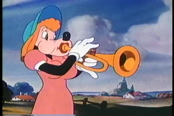 Cartoon of wolf dressed in women's clothing playing the horn — Stock Video