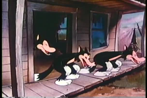 Kreskówka trzy wilki rozbawiony na ganku — Wideo stockowe