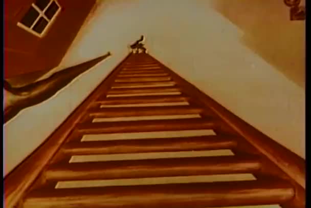 Cartoon of cat preparing to climb tall ladder — Stock Video