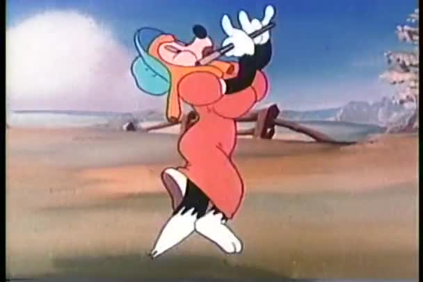 Карикатура на волка, одетого в женскую одежду, играющего на флейте — стоковое видео