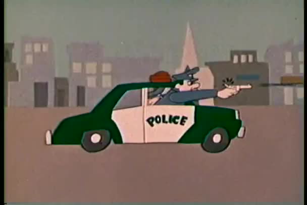 Cartoon of cops in police cruiser chasing robber — Stock Video