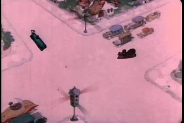 Luchtfoto van cartoon auto-ongeluk op kruising — Stockvideo