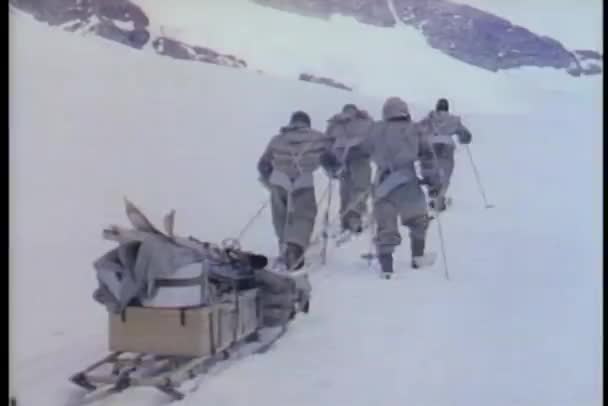 Achteraanzicht van mannen met slee sjokkende in sneeuw — Stockvideo