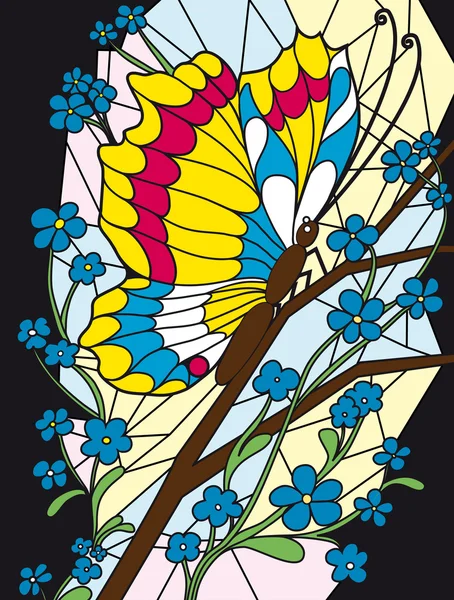 Цветок и бабочка витражи фон — стоковый вектор