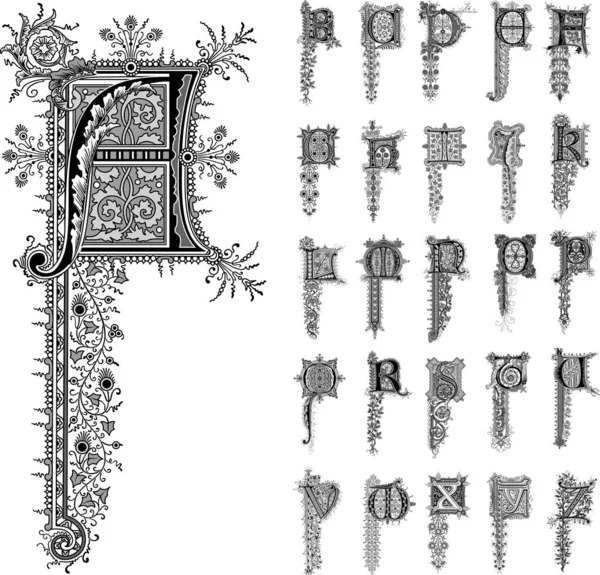 Vintage Διακοσμητική Γραμματοσειρά Χειροποίητα Διακοσμητικά Αλφάβητο Αρχικά Γράμματα Αλφάβητο Πολυτελές — Διανυσματικό Αρχείο