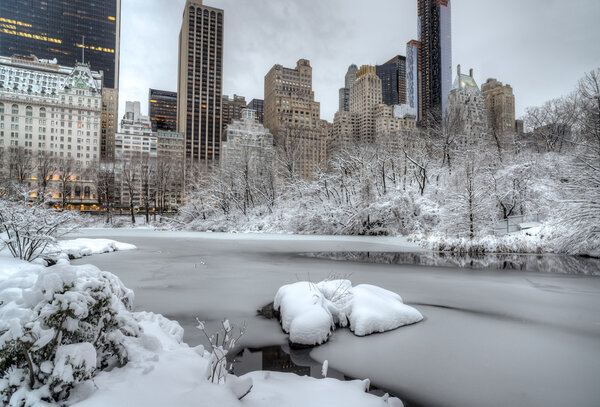 Central Park in New York City in winter after storm
