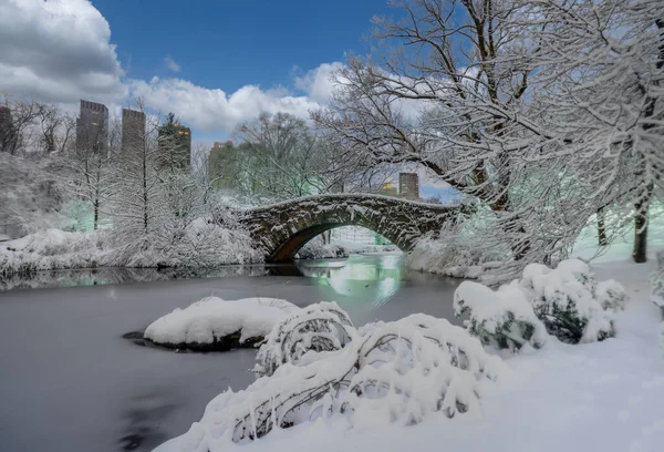Gapstow Bridge Central Park Sneeuwstorm Winter — Stockfoto