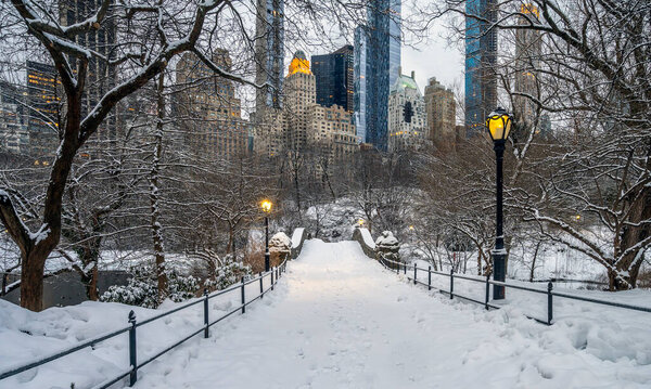 Gapstow Bridge in Central Park , NYC after snow storm