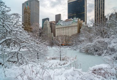 Central Park 'ın kıyısındaki Plaza Oteli, New York Şehri kar fırtınasından sonra