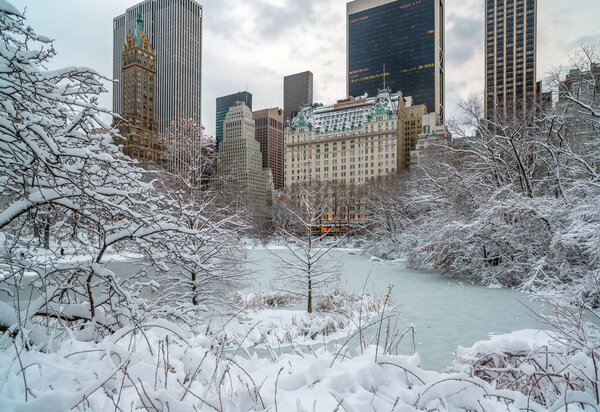 Plaza hotel on he edge of Central Park, New York City after snow storm