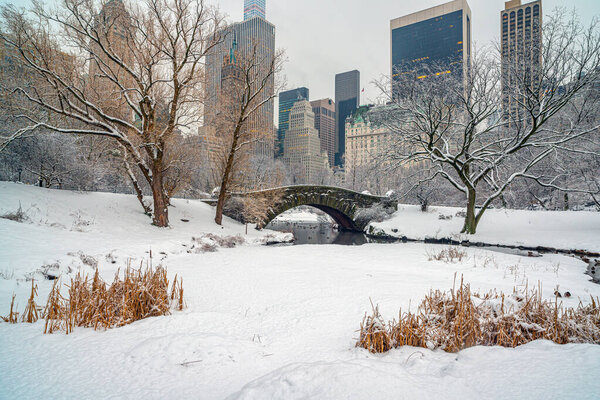 Gapstow Bridge in Central Park after snows storm in the early morning