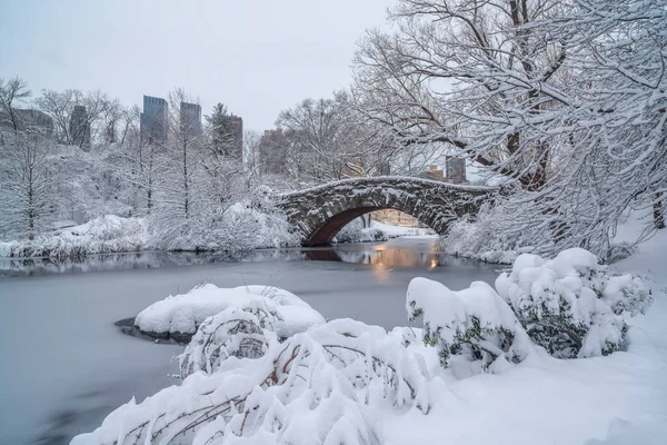 Pont Gapstow Central Park Hiver Après Une Tempête Neige — Photo