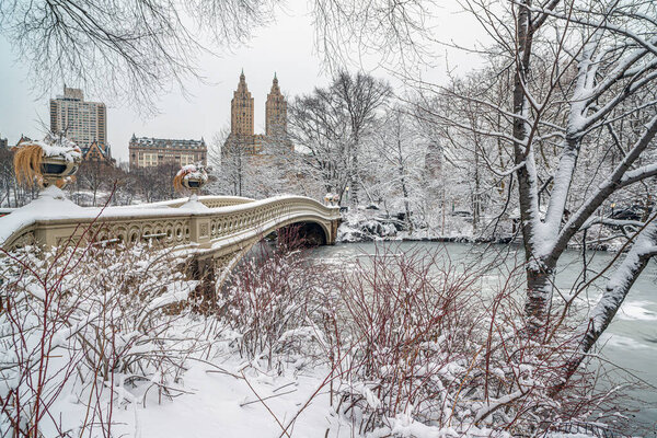 Bow bridge, Central Park, New York City after heavy snow storm iearly in morning