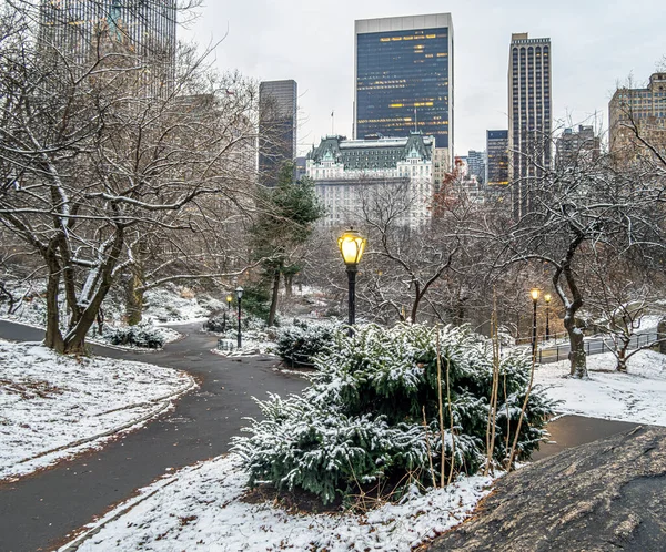 Central Park Winter Plaza Hotel Rainy Day — стоковое фото