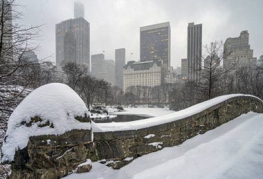 Kar fırtınasından sonra Central Park 'taki Gapstow Köprüsü, New York