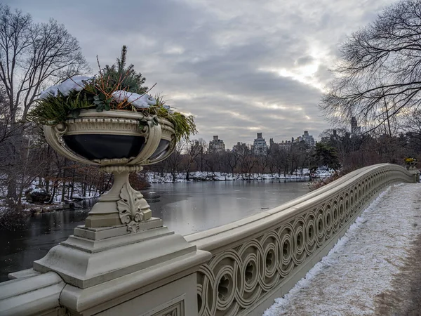 Bugbro Central Park New York City Tidigt Morgonen Efter Snöstorm — Stockfoto