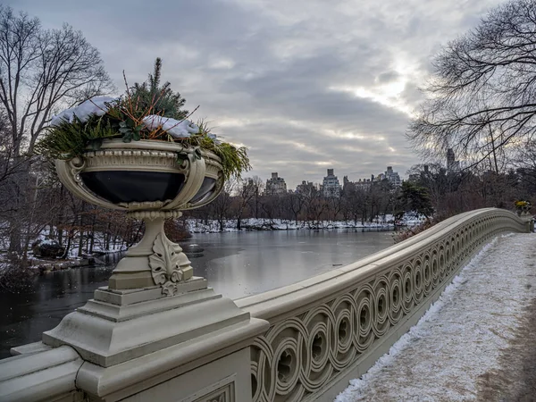 Bow Bridge Central Park Nova York Início Manhã Inverno Após — Fotografia de Stock