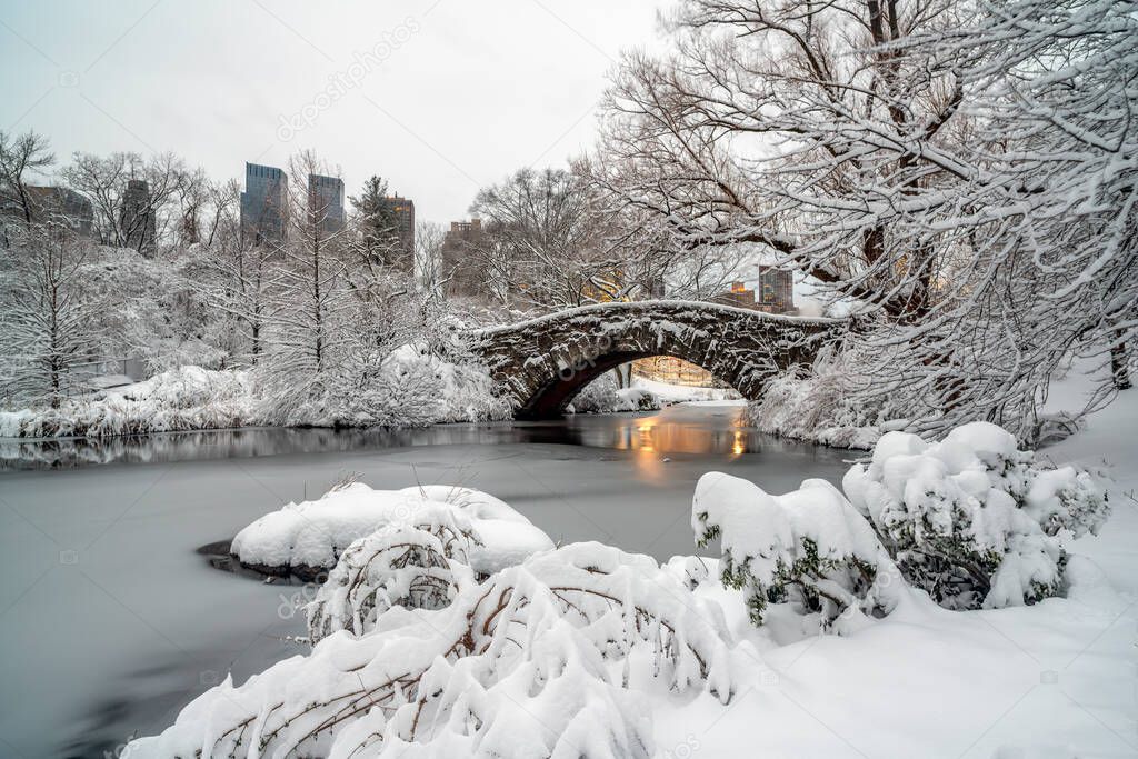 Gapstow Bridge in Central Park  in winter after snow storm