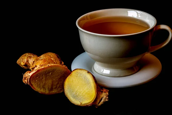 Ginger Tea Black Background White Cup — Stock Photo, Image