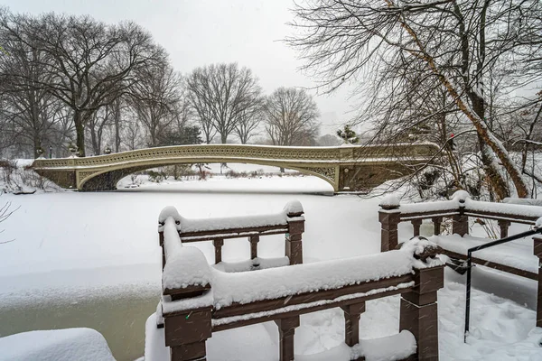 Central Park Inverno Após Tempestade Neve Ponte Arco — Fotografia de Stock