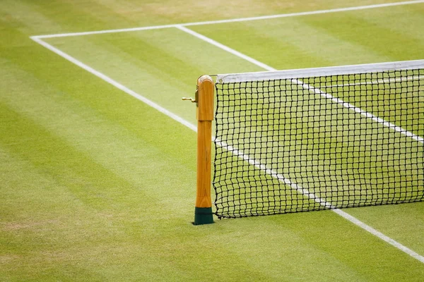 Un court de tennis avec un filet et des arbres en arrière-plan