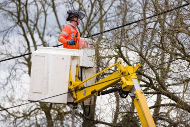 BUCKINGHAM, İngiltere - 25 Mart 2021. İngiltere 'de, tepedeki elektrik hatlarının yakınındaki ağaçları kesen bir vişne toplayıcısının elektrik işçisi.