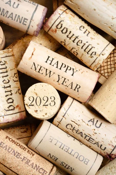 Happy New Year 2023 Greeting Card Wine Corks Visible Trademarks — Stock fotografie