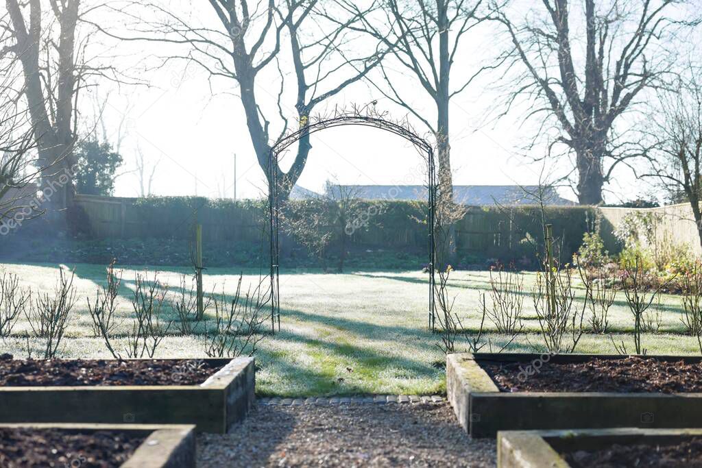 Large English garden in winter, UK, with rose bushes, arch, and raised beds in a vegetable patch