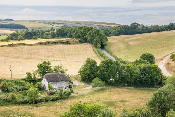 Aerial View Old Thatched Cottage Dorset Landscape — Stock Photo, Image