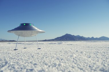 Silver Metal Flying Saucer UFO Harsh White Desert Planet Landscape clipart